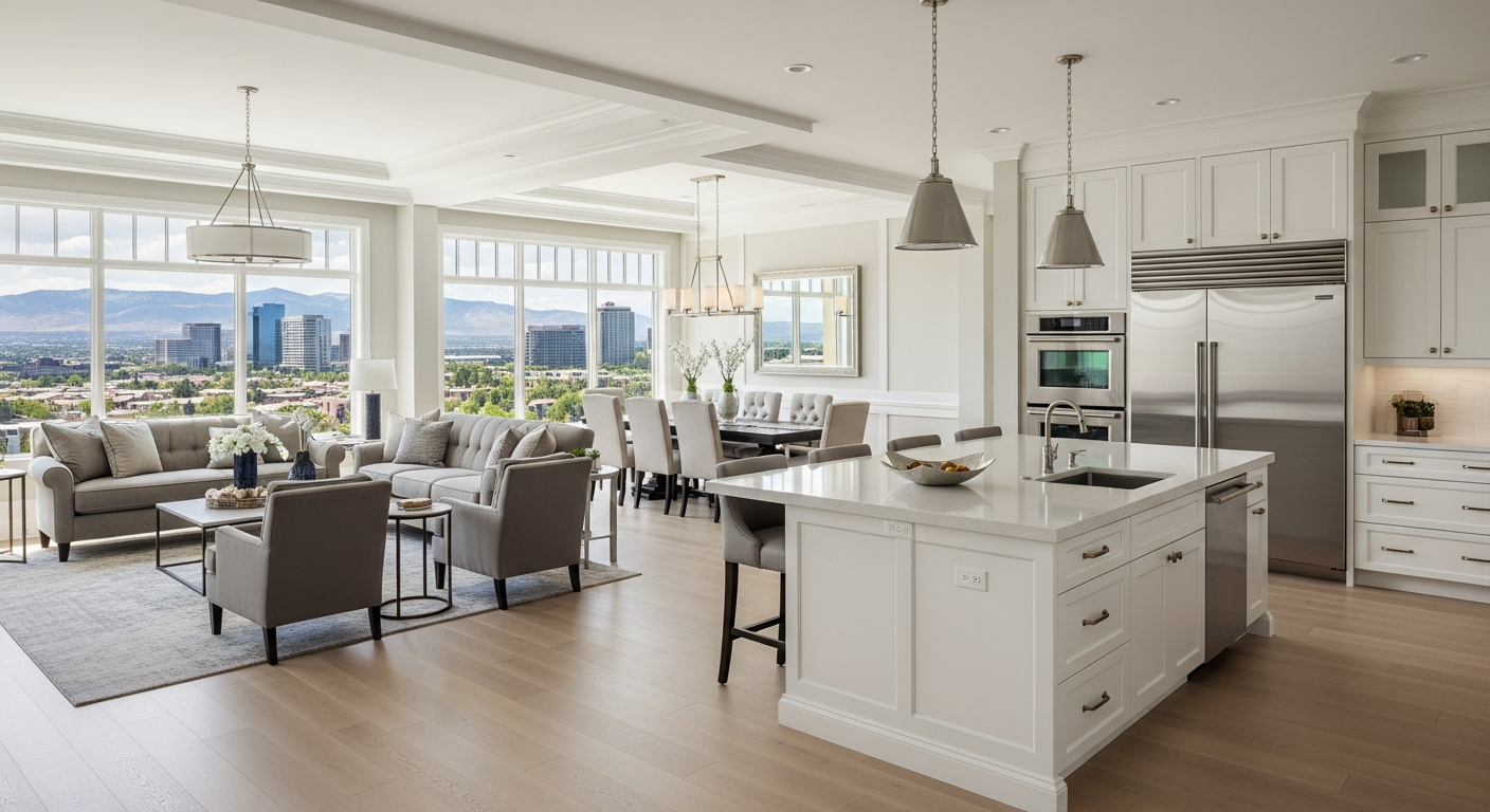 Refined Denver luxury home interior with transitional design, a bright open living space, and a designer kitchen